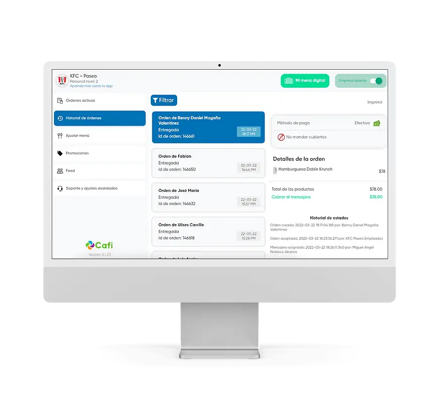 Cafi store panel to manage menu, orders and promotions in real time