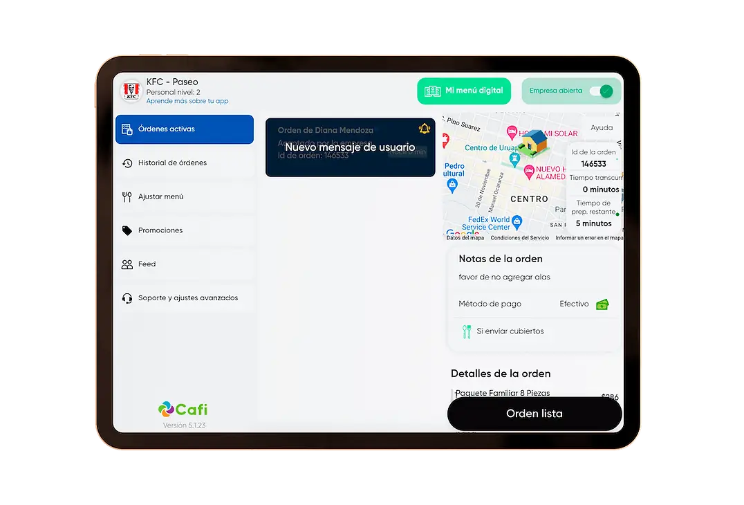 Cafi platform management interface on a tablet device